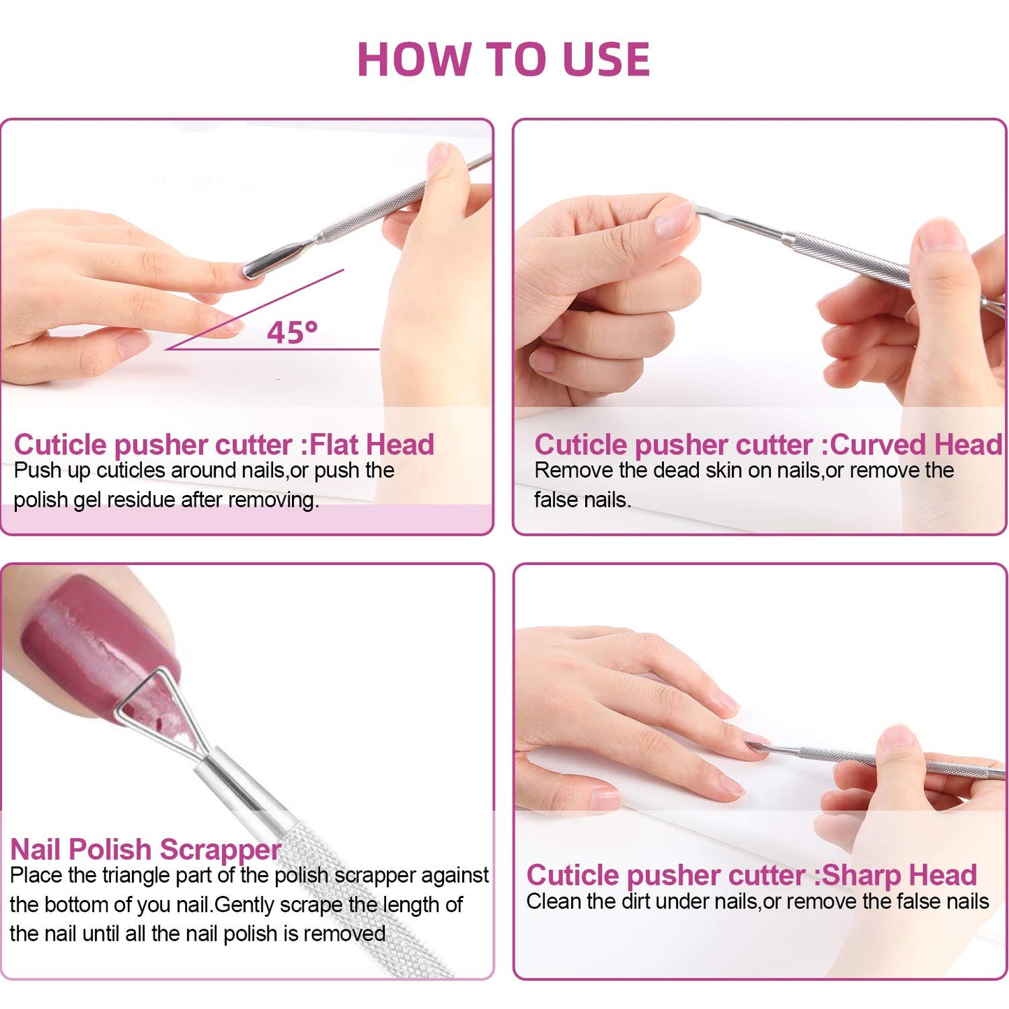Premium Cuticle Pusher and Gel Polish Remover Set with Nail Files, Professional Grade Stainless Steel Cuticle Remover, Durable Pedicure Manicure Tools Nail Care Kit for Fingernails Toenails Silver