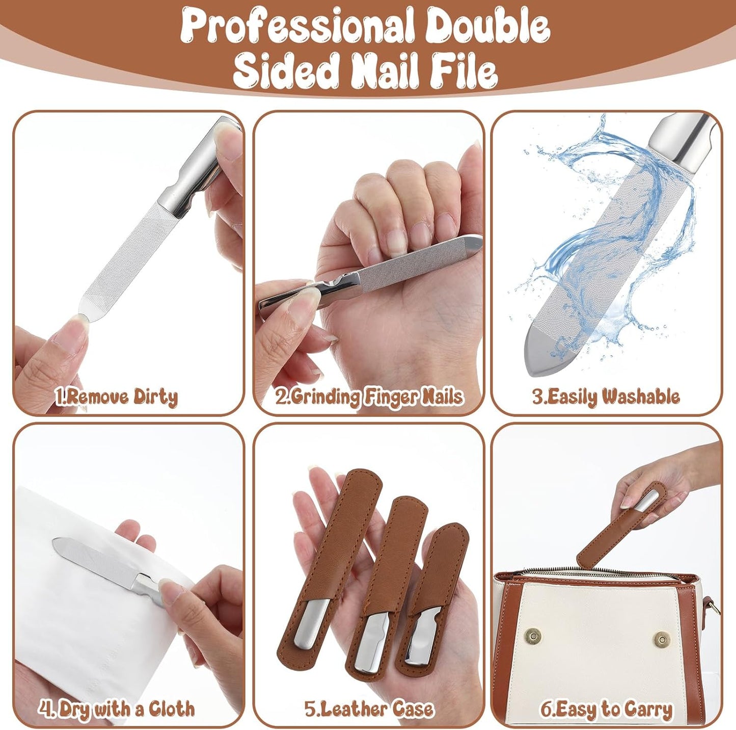 Stainless Steel Nail Files with Leather Case, 3 Sizes Files Set Double Sided Anti-Slip Handle Metal Nail Buffer Pointed Tip Manicure Tool Professional Curved Rasp Natural Fingernail Home Salon