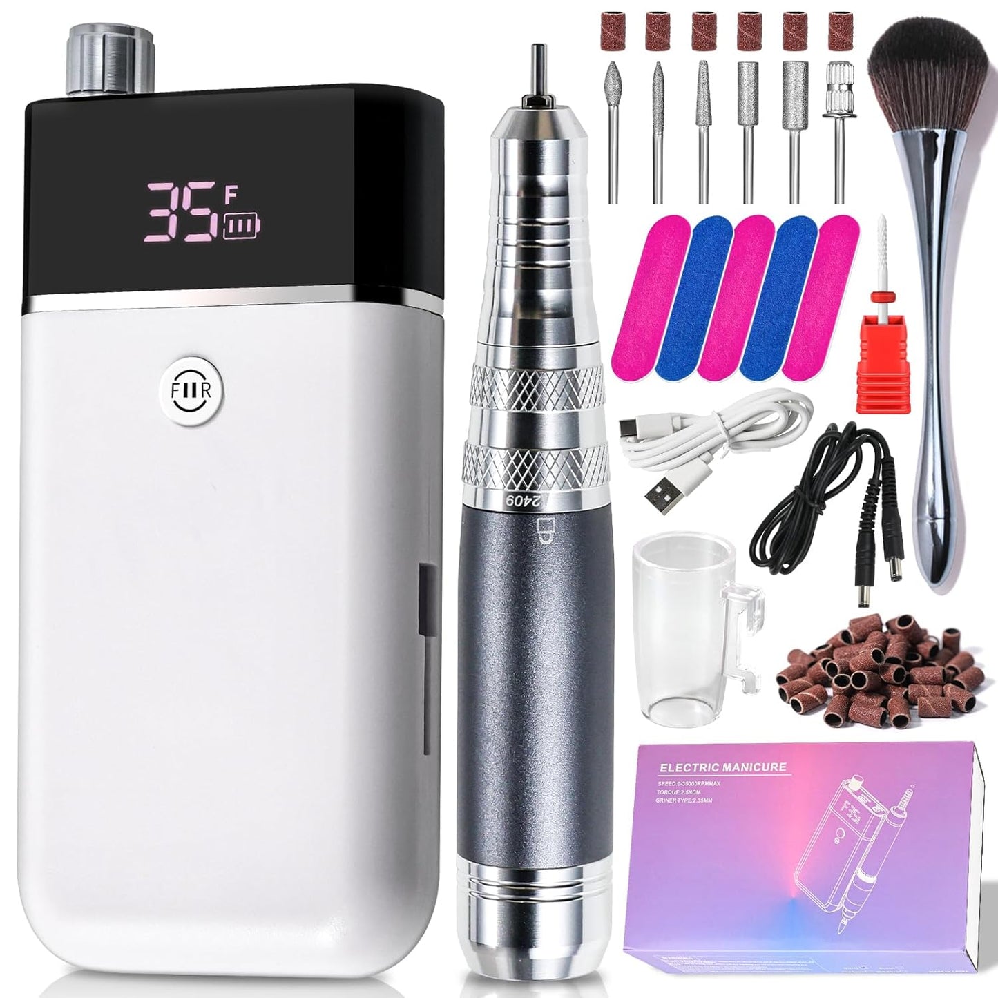 Professional Electric Nail Drill Kit White Portable Rechargeable Cordless Nail File Machine 35000 RPM with 7PCS Bits for Acrylic Gel Powder Nails Polish Pedicure Toenail Tool Salon Set