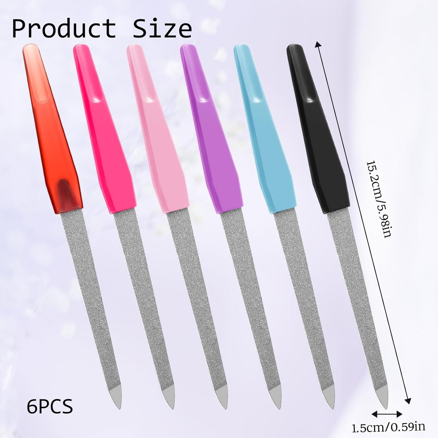 6 Pcs Fingernail Files for Women, 6 Inch Metal Nail Files Stainless Steel Sword Nail File with Sharp Pointed Tip and Non Slip Handle Colorful Diamond Deb Toenail File for Natural Nails