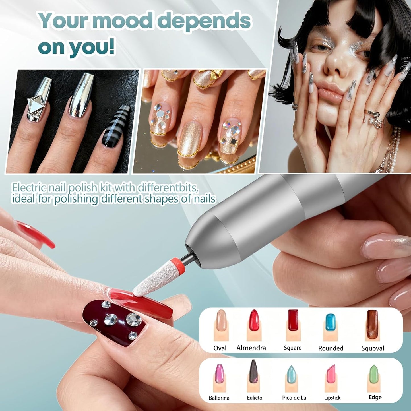 Professional Nail Drill Electric File, GEEZO 55000RPM Portable Cordless Nail Drill Machine with Bits, Rechargeable E File for Acrylic & Gel Nails, Manicure & Pedicure Tech Tool for Home Salon (Green)