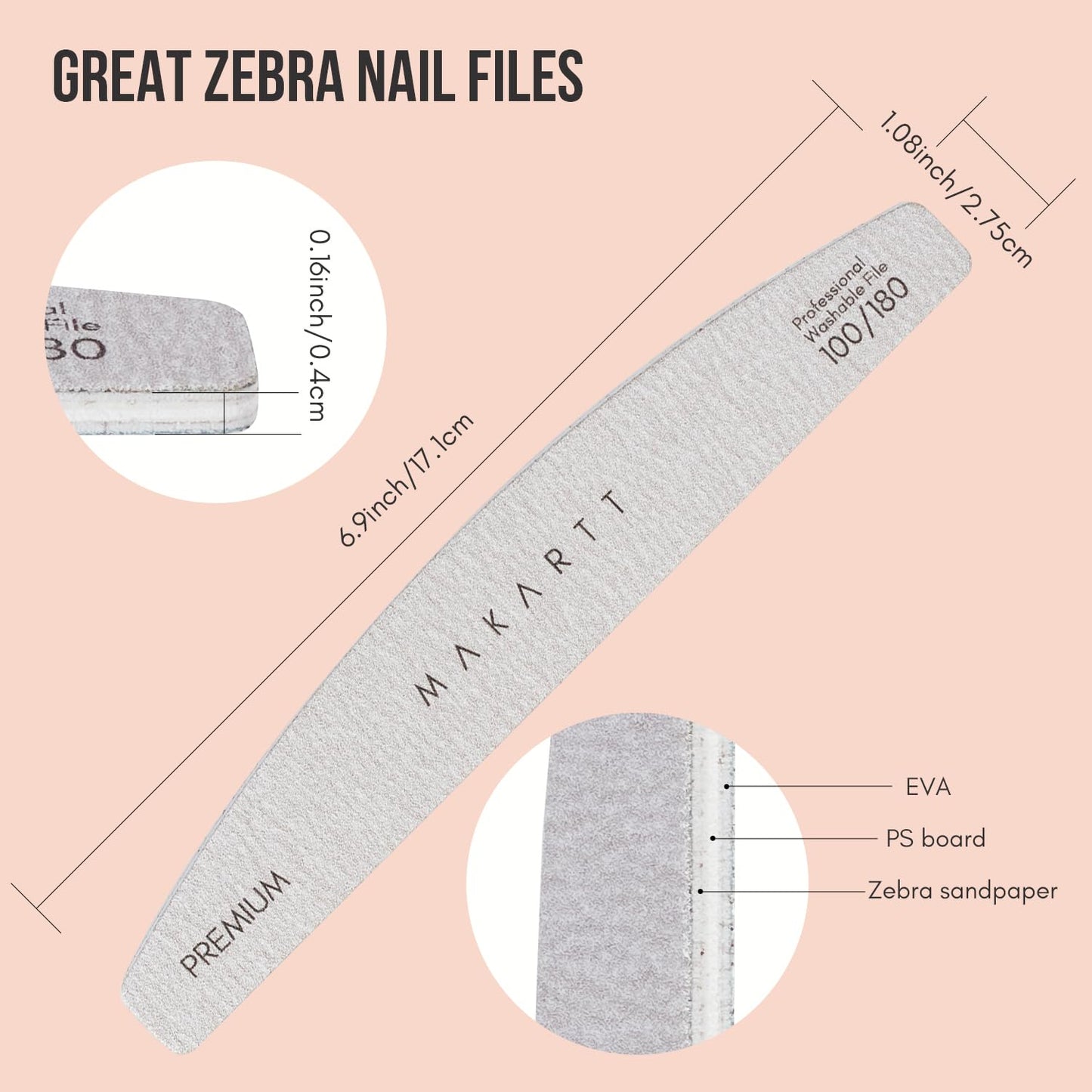 Makartt Nail File, 100/180 Grit Nail Files for Natural Nails, Professional Strong Emery Boards for Nails Doubled Sides Washable Fingernail Files Manicure Tool Set(Zebra-2pcs Trial Set)
