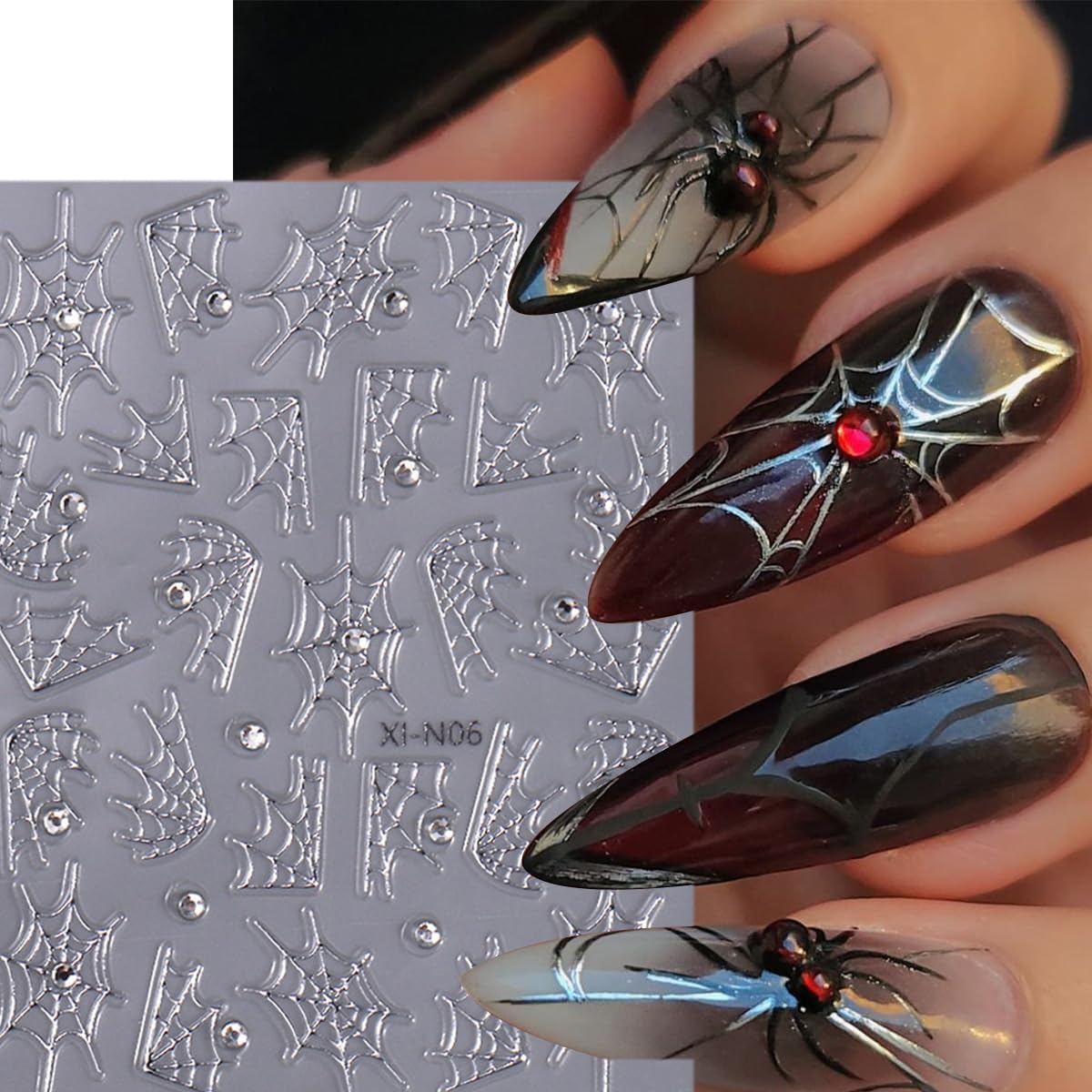4 Sheets Spider Web Nail Stickers 3D Self-Adhesive Halloween Nail Art Stickers Laser White Silver Gold Spider Web with Rhinestones Horror Design Goth Nail Decals Nail Supplies for Women Acrylic Nail
