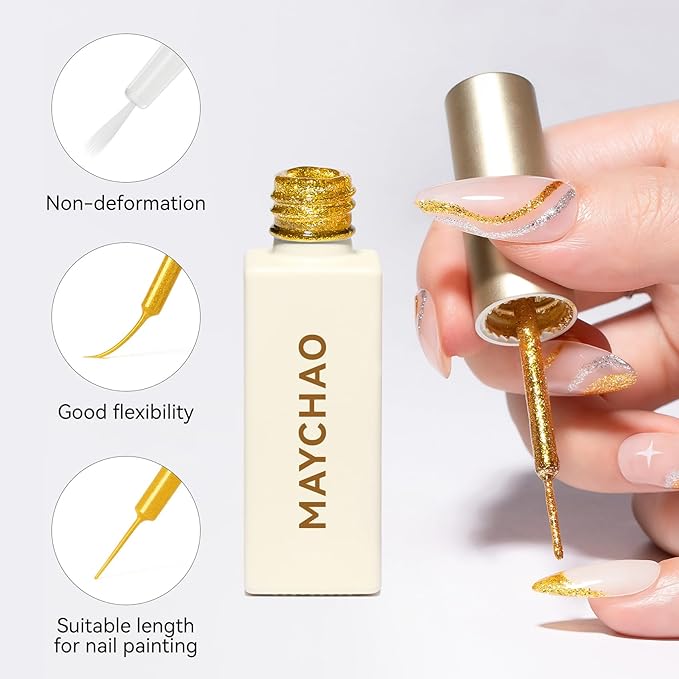 MAYCHAO 2pcs Glitter Silver & Gold Swirl Gel Liner Nail Art Polish, Classic Gel Color Built-in Thin Brush, UV Light Cure for French Nail Tips DIY Manicure at Home Salon