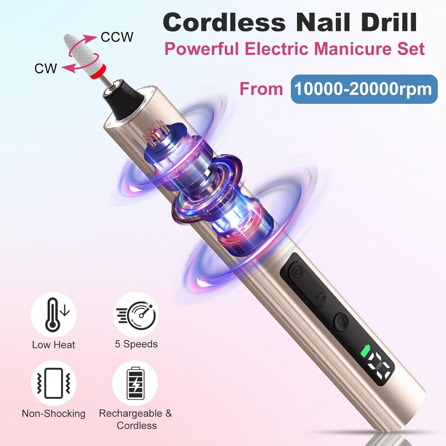 SUPERNIGHT Cordless Electric Nail Drill with UV Light Lamp, 14 in 1 Electric Nail File Drill, 5 Speed LCD Display Rechargeable Professional Manicure Pedicure Kit(Gold)