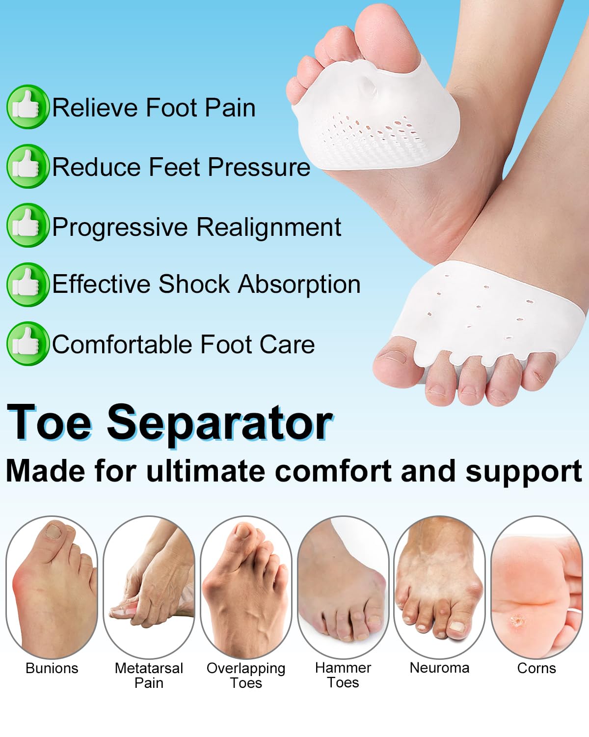 2 Pairs Silicone Toe Separators for Women and Men, Metatarsal Bunion Corrector Cushion, Soft And Breathable Toes Spacers for Foot Pain Relief (1*White+1*Skin)