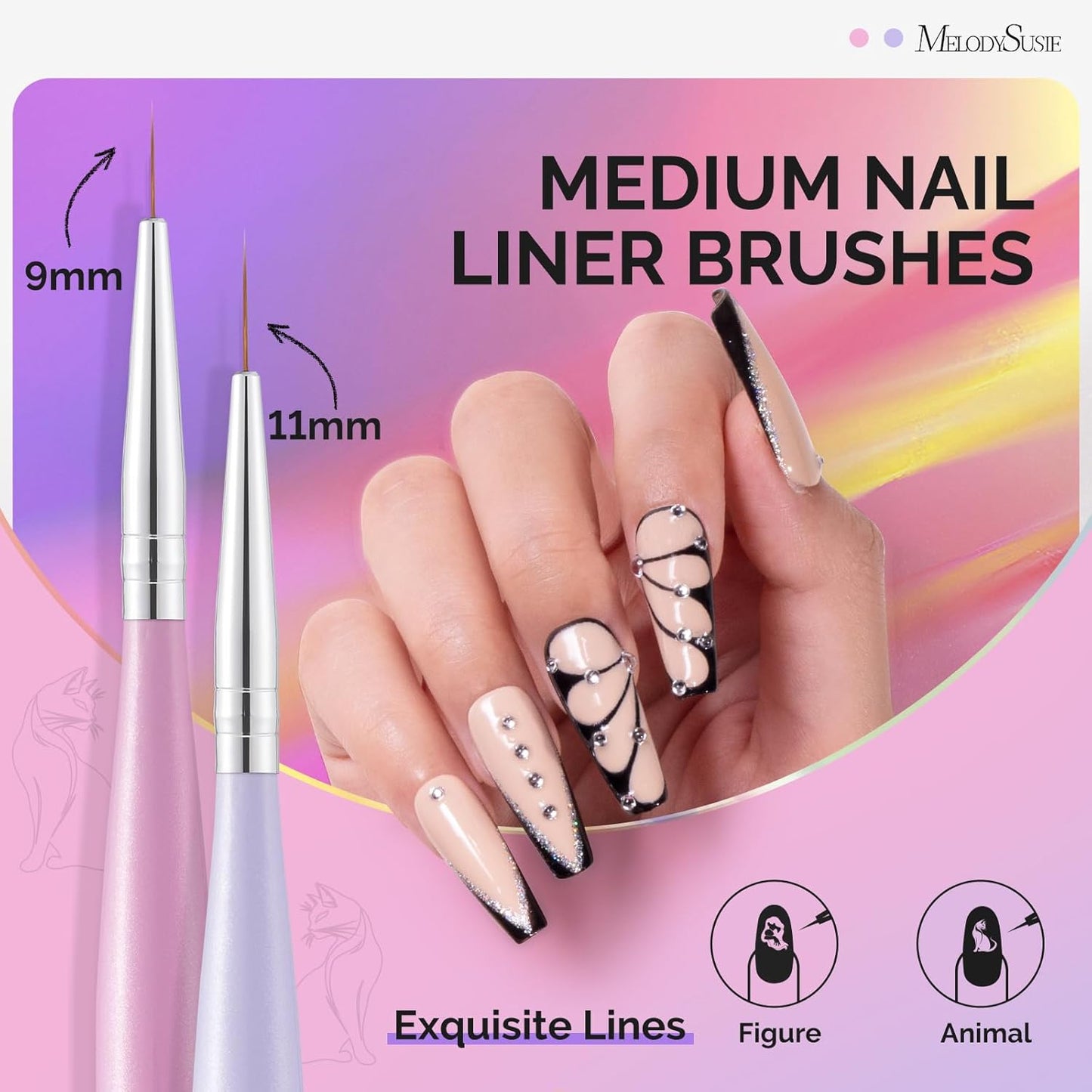 MelodySusie Nail Art Liner Brushes 5Pcs Professional Gel Polish Painting Art Design Pen Set for Thin Long Lines, Tiny Details, Fine Drawing, Delicate Coloring Sizes 5/7/9/11/20mm
