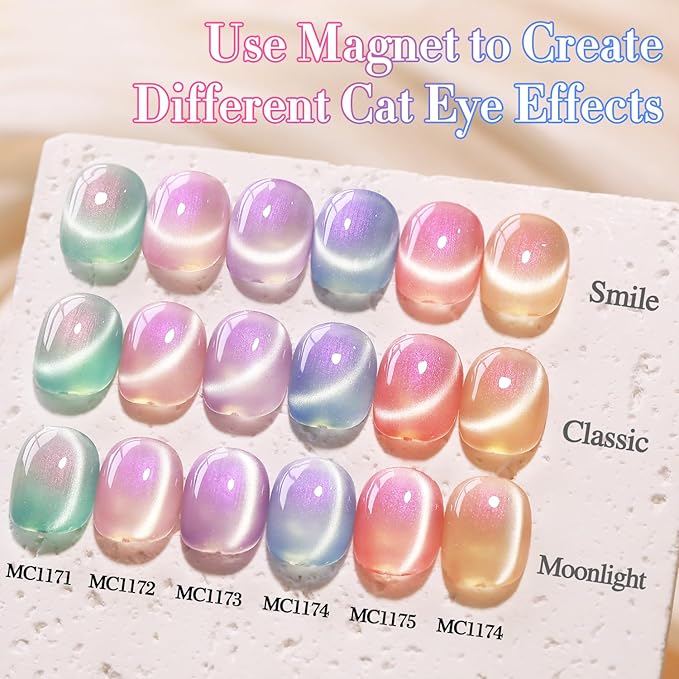 Double Rhythm 6 Colors Cat Eye Gel Polish Set Shimmer Glitter with Magnet Holographic Reflective Magnetic UV Nail Art Kit (6-Kit-50)