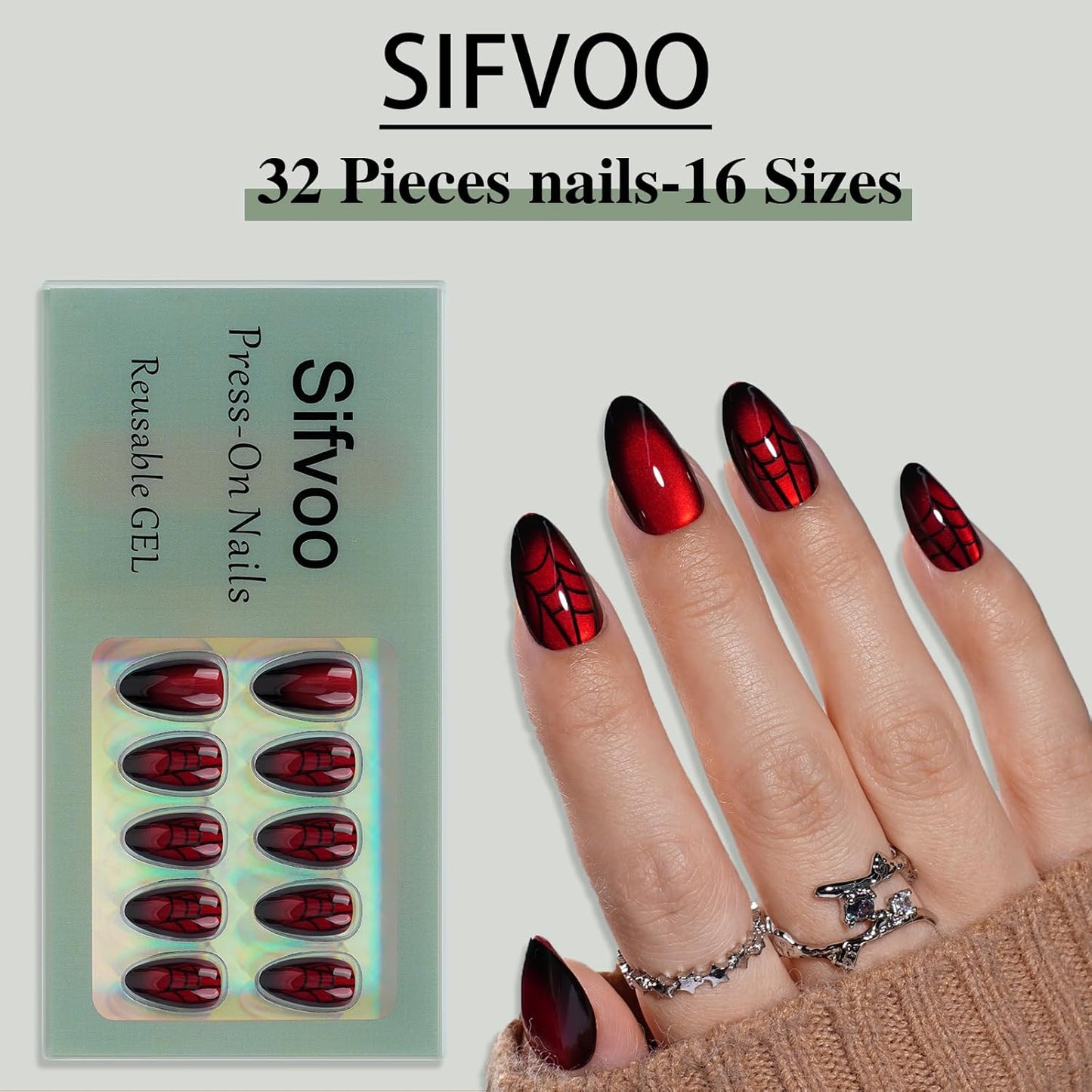 Red Press on Nails, Short Press on Nails Almond Reusable Glossy Cat Eye Nails Soft Gel False Nails Web Press ons for Women, 16 Sizes 32 Count Nails Kit with Glue (SV-10)