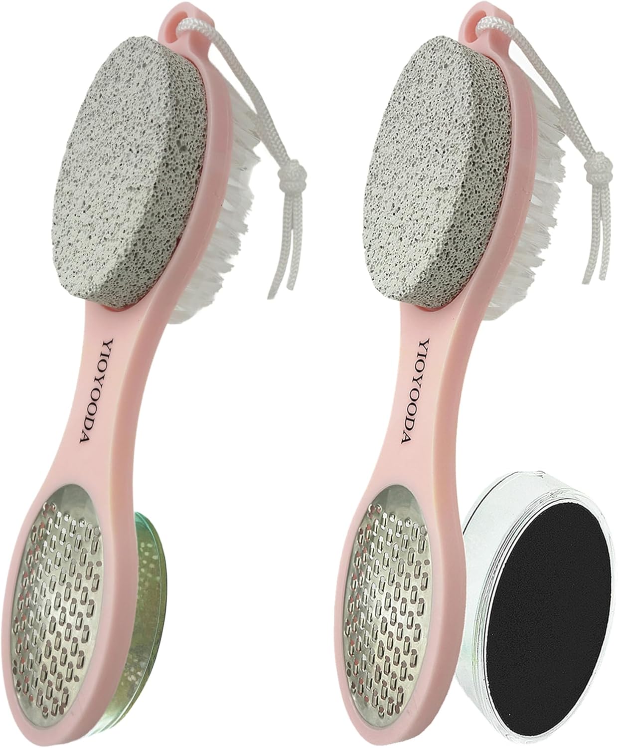 Foot File Callus Remover 5-in-1, 2 Pcs Feet Scraper Pedicure Tools with Pumice Stone, Scrubber Brush, Stainless Steel Foot Rasp and Sand Paper Debris Catcher, Multi Purpose, Pink