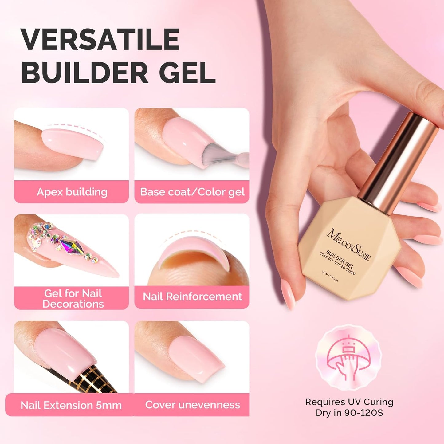 MelodySusie 6PCS Builder Gel Set for Nails Thickening,15ML Pink Base Colors Clear Rubber Base Gel Polish,Soak Off UV Extension,Rhinestone Nail Glue in a Bottle for Nail Art Design Gift for Women
