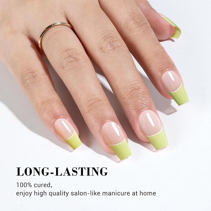 MelodySusie 30PCS Semi Cured Gel Nail Strips (Pastel Green French Tips), Works with Nail lamp, Salon Quality, Long Lasting, Easy to Apply and Remove, Includes 2 Prep Pads, Nail File and Wooden Stick