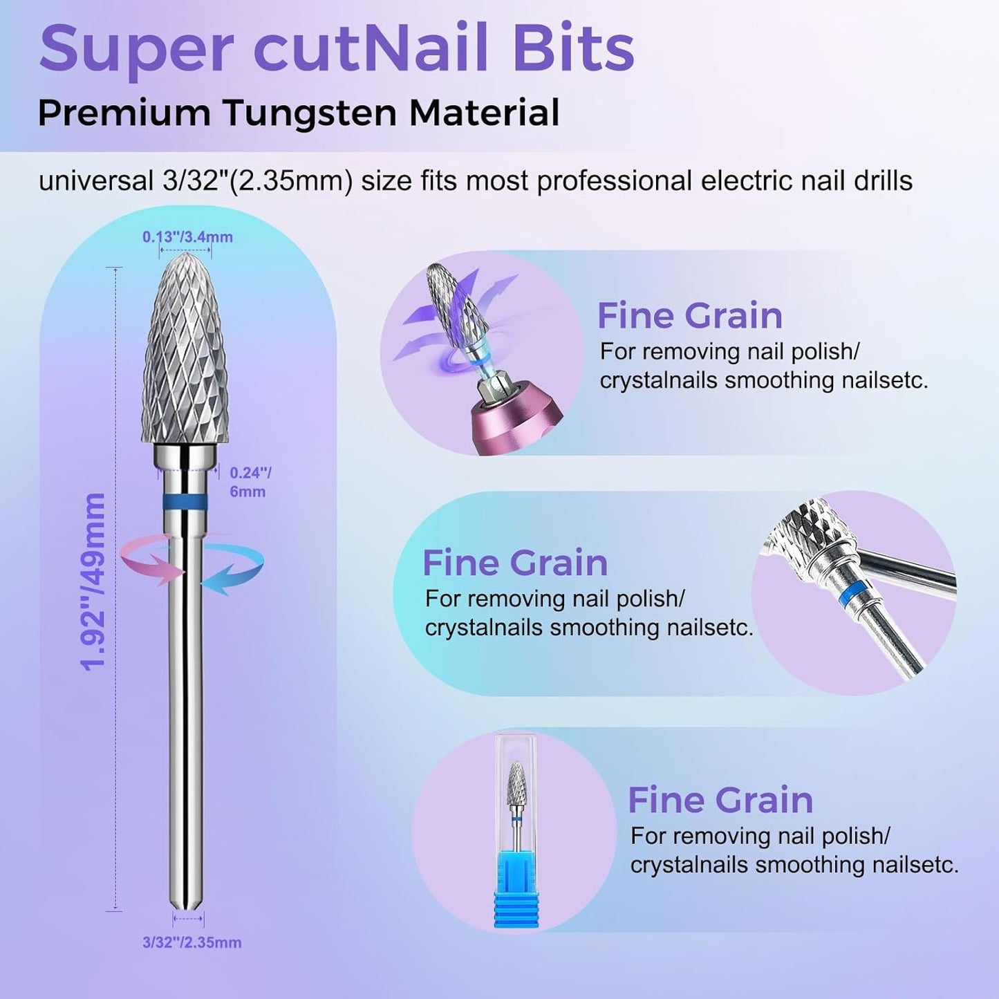 Fantexy 3/32" Carbide Nail Drill Bit - Remove Acrylic Hard Gels Quickly and Safely,Professional Cone Tungsten Drill Bits Set Nail File Acrylic for Manicure,Pedicure,Cuticle Cleaner (Medium - M)