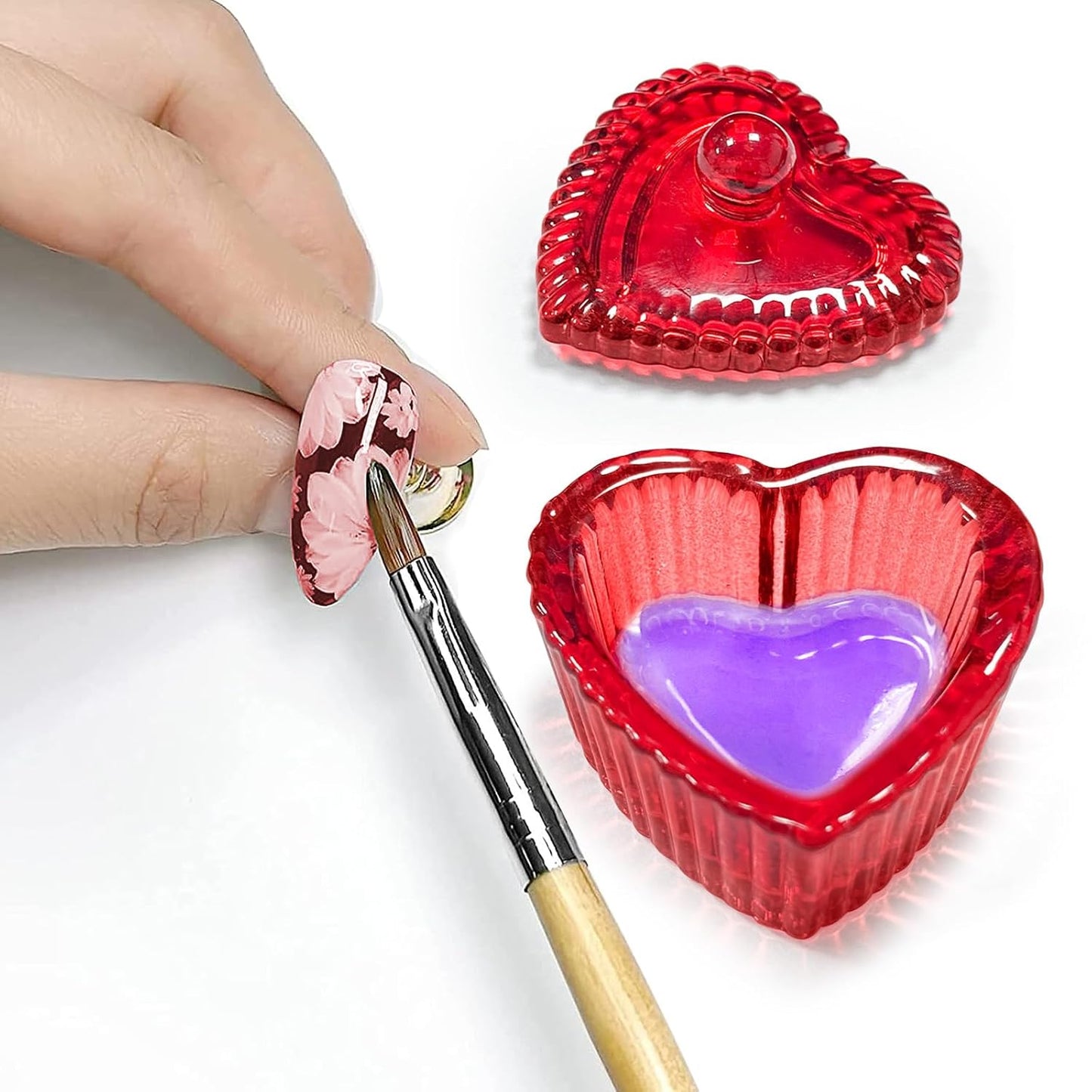 Crystal Sweet Heart Shape Acrylic Liquid Powder Glass Dappen Dish Glass Cup w Cap Lid Bowl for Acrylic Nail Art Transparent Kit (HJ-NAPB073-Red-2pcs)