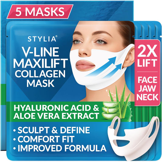 Stylia MaxiLift V-Line Lifting Collagen Face Mask - Advanced Double Chin Reducer - Jawline Shaper - Neck Firming and Tightening Mask with Hyaluronic Acid & Aloe Vera - Chin Strap for Sleeping (5PC)
