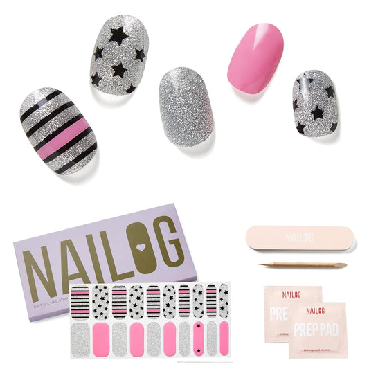 NAILOG Semi Cured Gel Nail Strips (20 Extra Long Polish Stickers/Wraps) │ Glossy & Long Lasting Soft Gel Finishing│A Rock Song
