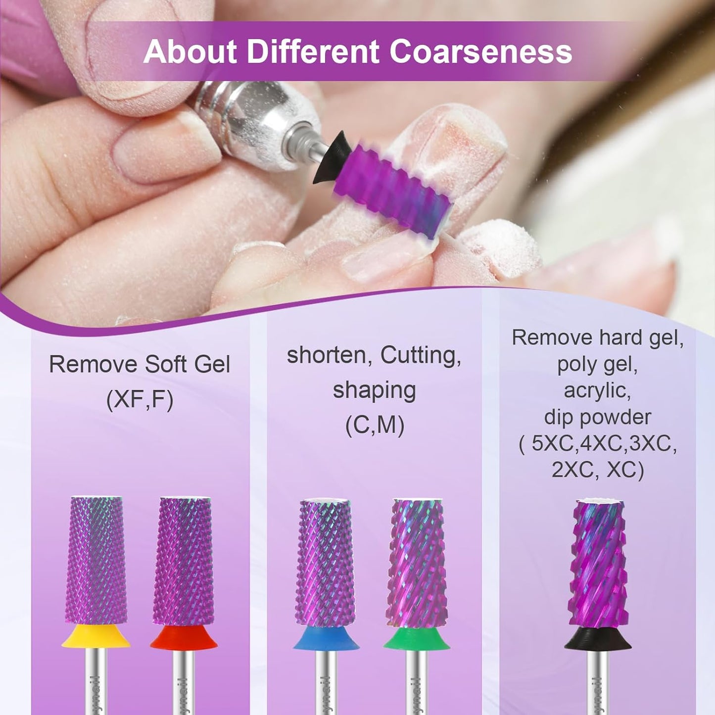 Cnynail 3/32" Large Tapered Barrel Flat Bit Tungsten Carbide Nail Drill Bit Safety Bit for Gel & Acrylic Removal, 2- Way Rotating Efile Tip, Salon Electric File Accessory (XC Girt, Purple)