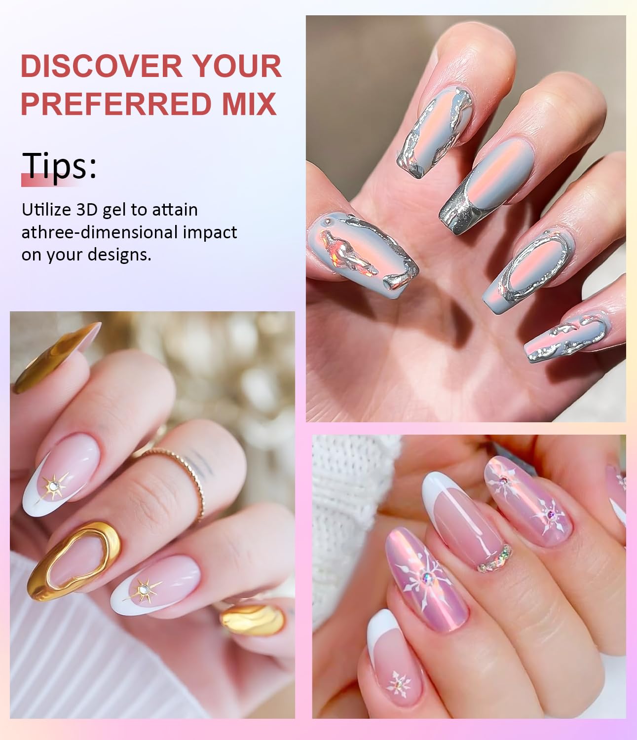 3D Nail Gel and Chrome Nail Powder Kit BISHENGYF: 15g No Wipe 3D Sculpting Gel Aurora Pink Blue Gold Chrome Nail Powder with Clear 3D Carving Nail Molding Glue Set for Nail Art Decoration