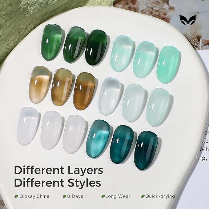 Jelly Green Nail Polish Set: Sheer Glass Fingernail Polish Kit Quick Air Dry 6 Colors Nail Polish Pack Milky White Regular Mini Finger Toe DIY Art Salon Gift for Women