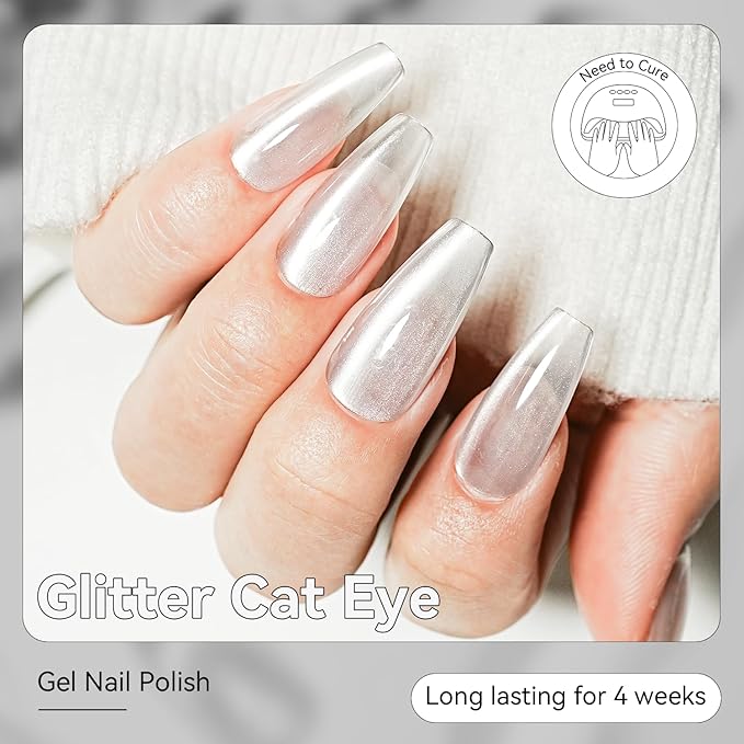 JODSONE Cat Eye Gel Nail Polish - 16.5ml Porcelain Silvery Moonlight Glassy Holographic Cat Eye Gel Nail Polish with Magnet Soak Off Need LED/U V Light Nail Art DIY Salon Gift