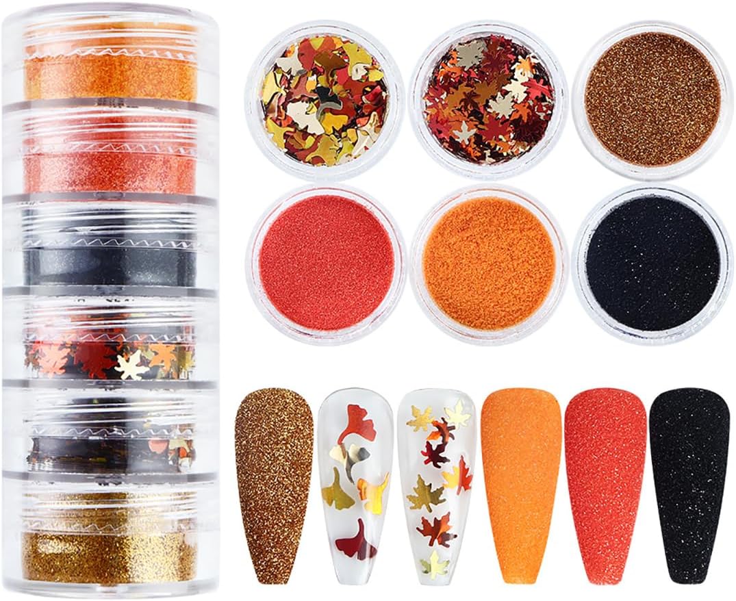 Fall Nail Glitters 3D Gold Maple Leaf Nail Sequins with Glitter Powder Gold Maple Leaves Shaped Sparkly Supplies Autumn Nail Stickers for Women Manicure Charms Thanksgiving Decorations 6 Jars