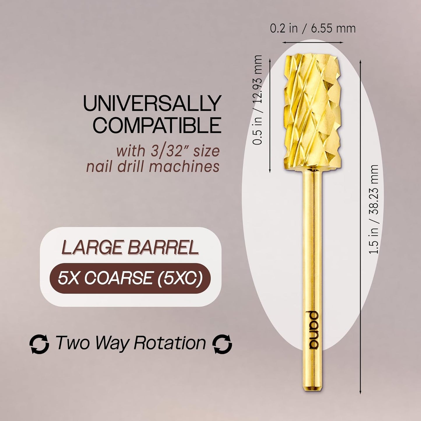 USA PANA 3/32" Shank Size Professional - Flat Top Large Barrel Carbide Bit 5X Coarse to Extra Fine Grit - Nail Drill Bit for Dremel Machine (5X Coarse, Gold)