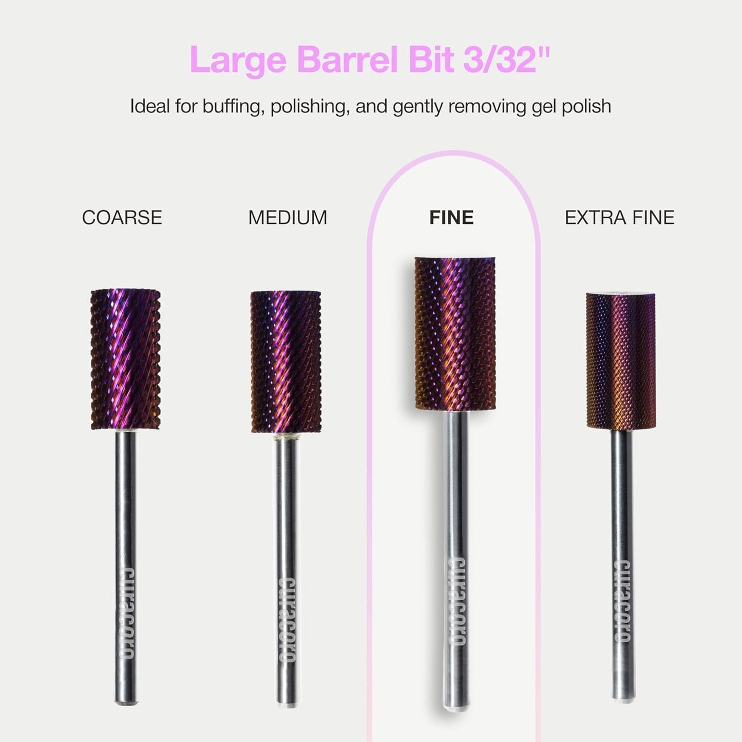 Curacoro Nail Drill Bits 3/32'' - Safe Smooth Stop Large Barrel Carbide Bit (Fine), Gently Bits for Removal & Nail Enhancement, for Nail Beds, Nail Art Pedicure Manicure Salon & Home