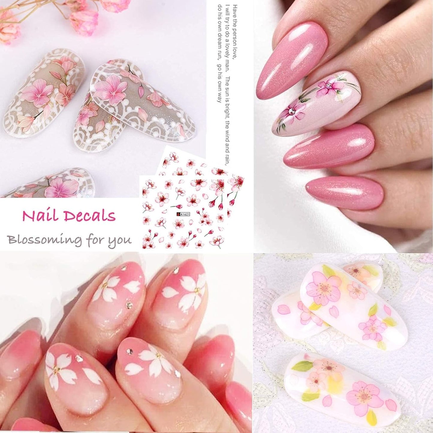 Pink Flowers Nail Stickers Pink Cherry Blossoms Decals with Tree Leaves and Animal Nail Art Sliders for Nail Art Decoration Watermark Designs Foil Nail Art Decals Manicure Tips Decorations (2 Pink)