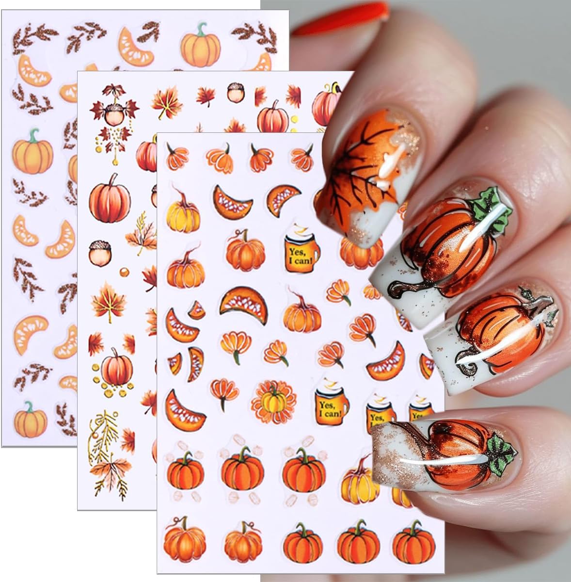 6 Sheets Fall Nail Art Stickers Pumpkin Fall Maple Leaf Nail Decals Fallen Leaves Nails Designs 3D Self-Adhesive Thanksgiving Nails Stickers Autumn Nail Art Supplies for Women DIY Manicure Art Kit