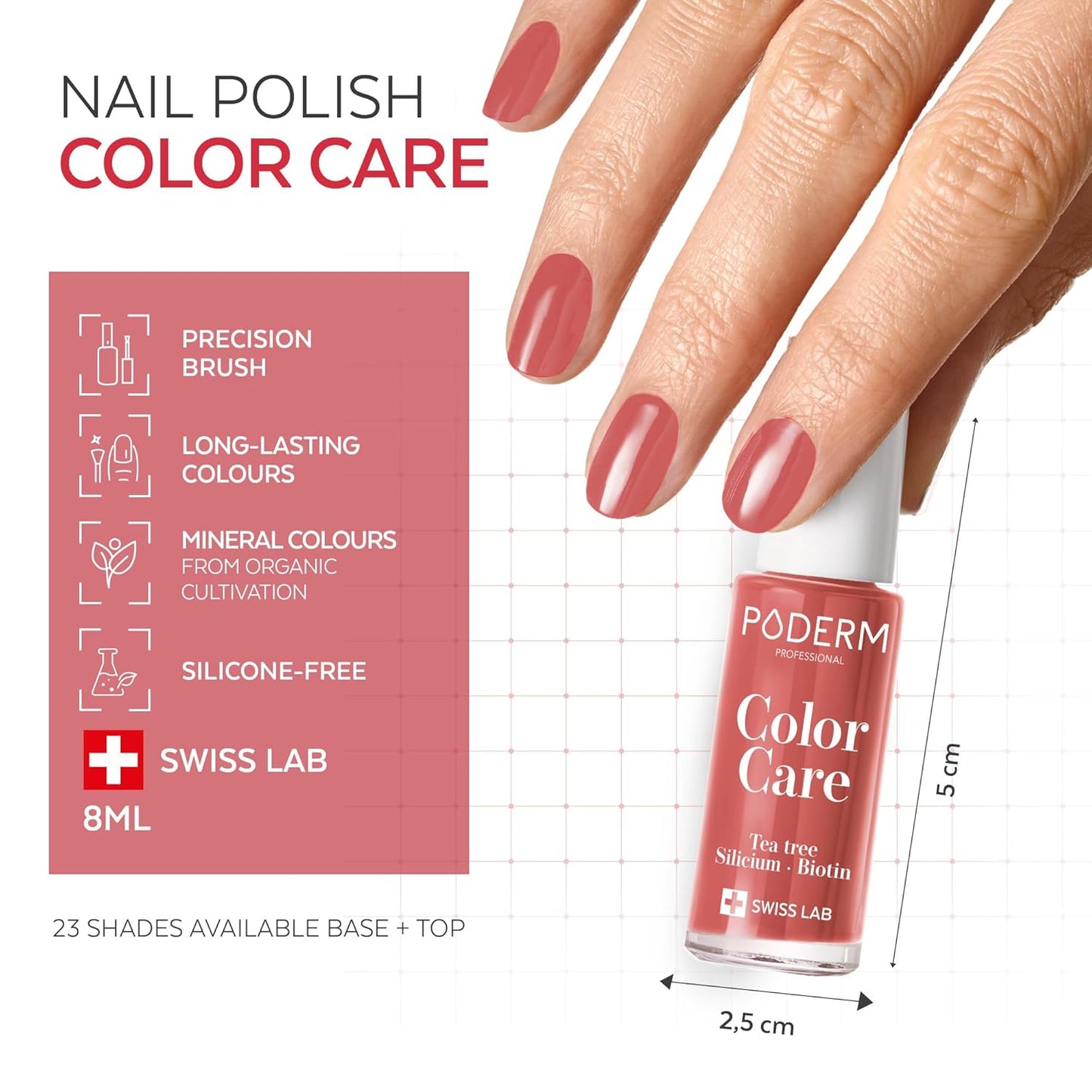 PODERM - Nail Polish – Enriched with Tea Tree – Improves nail appearance – Ingredients Natural/Vegan - foot/hand - Swiss Made (Coral Pink)