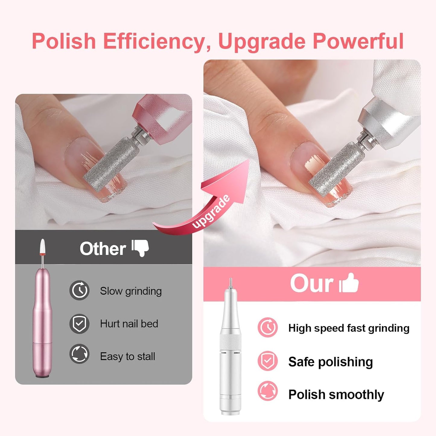 Electric 45000RPM Nail Drill Machine Rechargeable Portable Nail File Electric DIY Nail Drill Kit with Smart LCD Screen for Gel Nail Manicure and Pedicure Reflective Body etc (Pink)