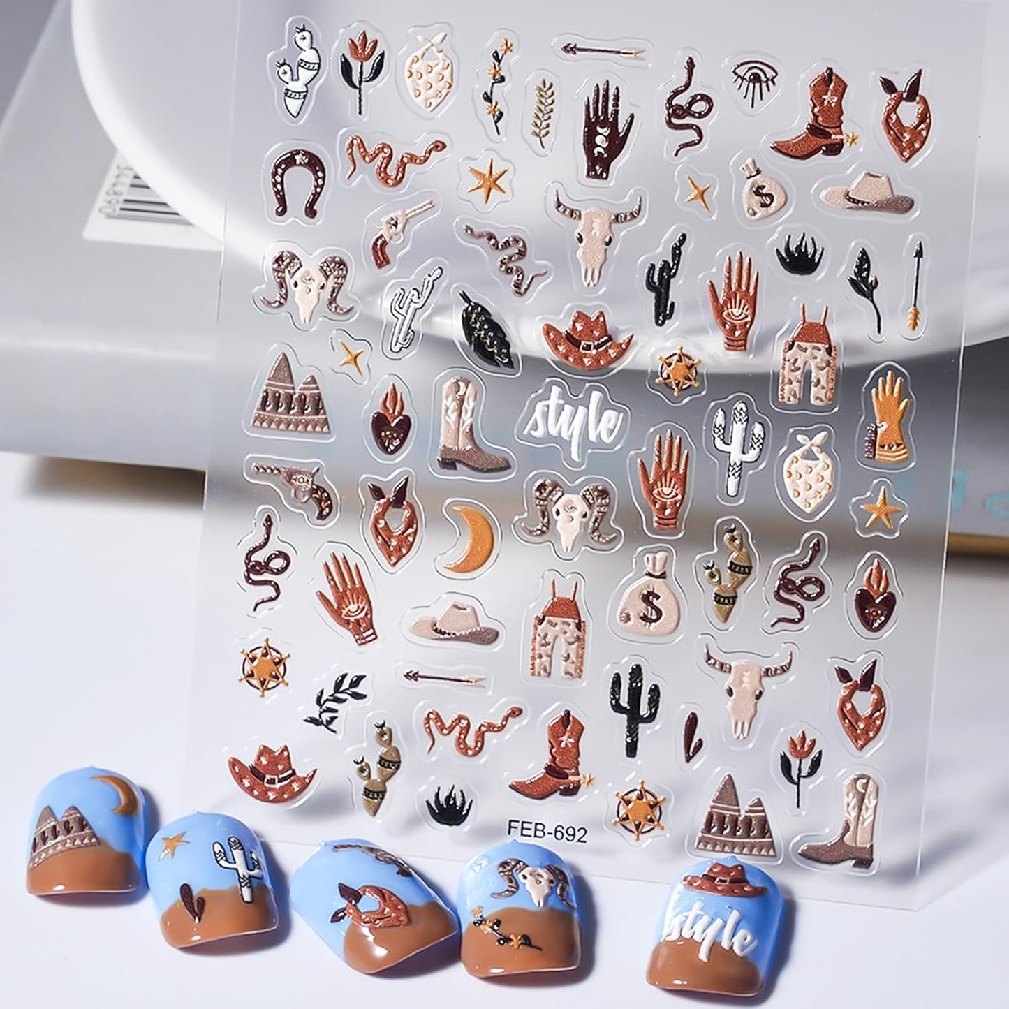 2 Sheets Retro Cowboy Nail Art Stickers, Western Cowboy Style Self-Adhesive DIY Nail Decals, Brown Cowboy Hat Designs Nail Stickers for Retro Style Nail Art Decals
