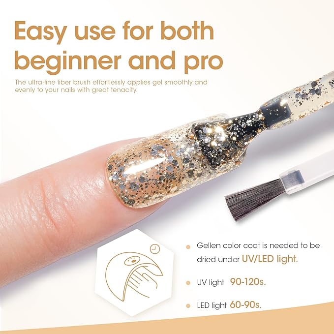GELLEN Gold Glitter Gel Polish 18ml Gold, Soak off U V LED Reflective Glitter Gel Polish, Color No.872