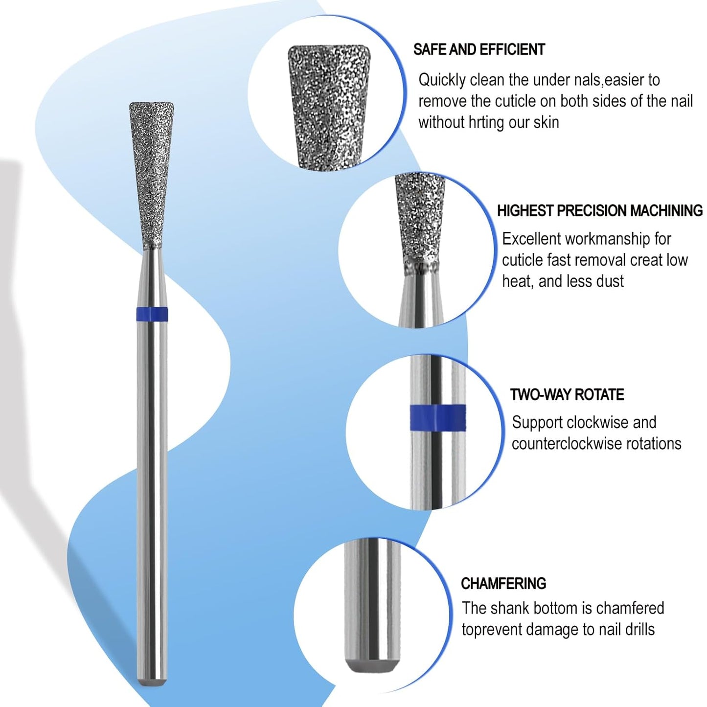 Cuticle Nail Drill Bit, 3/32'' Professional Safety Diamond Under Nail Cleaner for Cuticle Dead Skin Nail Prepare, Beginners Bits, Experienced Tech, Inverted Tapered (Medium)