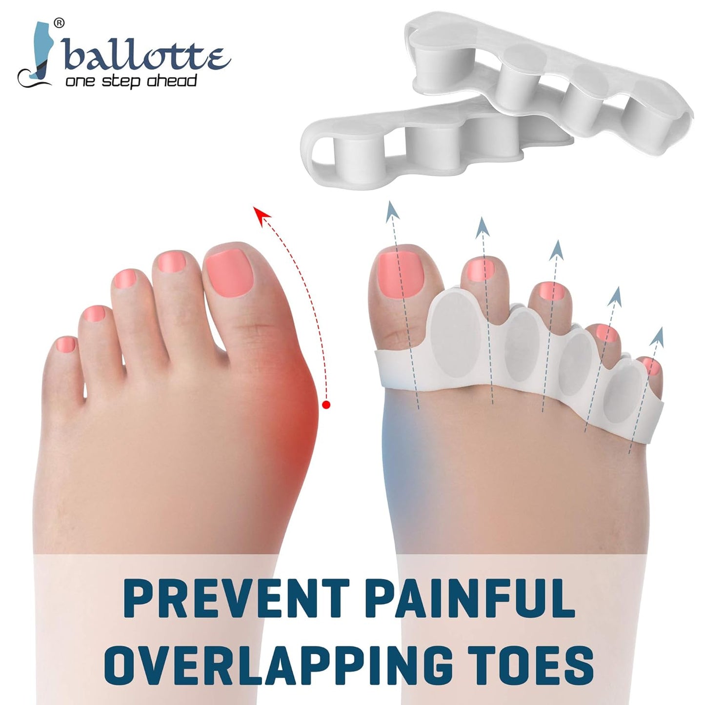 Ballotte Toe Separators, Silicone Toe Spacers for Bunions and Overlapping Hammer Toes, Athletic Tootsie Spacers for Running and Yoga, Foot Finger Splitters for Men & Women (Toe Seperators (White 6-Pack))