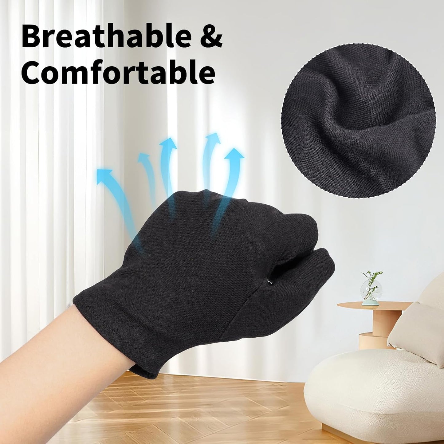 5 Pairs Small Black Cotton Gloves for Dry Hands Sleeping, Black Work Gloves for Coin Handling, Jewelry, Photography for Men and Women, with 20 Touchscreen Stickers