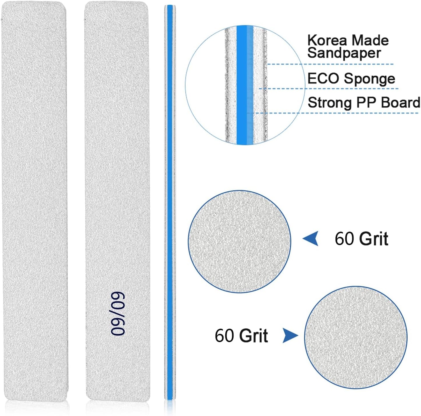 Nail Files-Nail File for Acrylic Nails 12pcs, 60/60 Grit Nail Files Emery Boards for Acrylic Nails, Jumbo File Washable Thick Professional Square Nail File Manicure Tools for Nail Tech