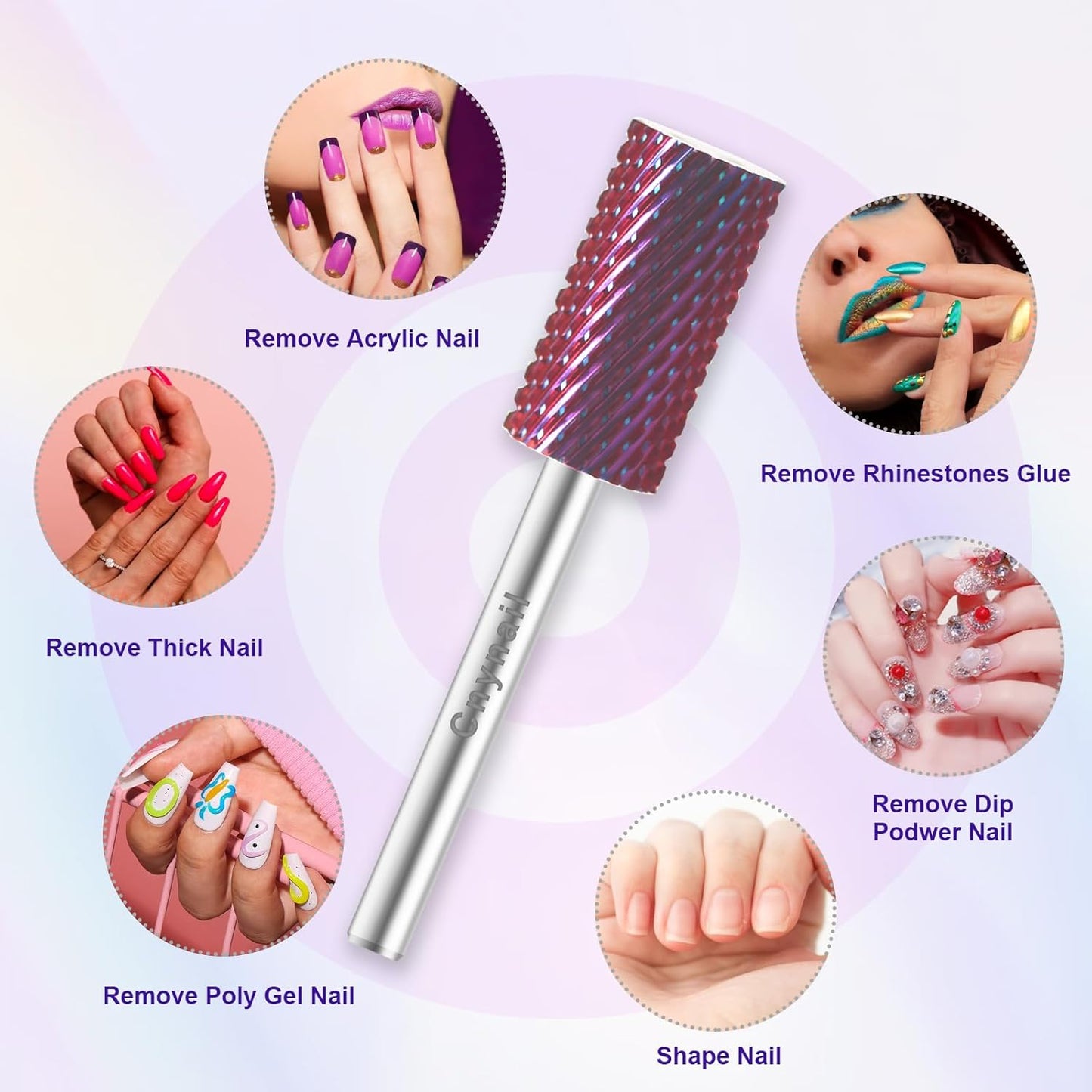 3/32" Large Barrel Bit Tungsten Carbide Nail Drill Bit Safety Bit for Gel & Acrylic Removal, 2- Way Rotating Efile Tip, Salon Electric File Accessory (C Girt, Purple)