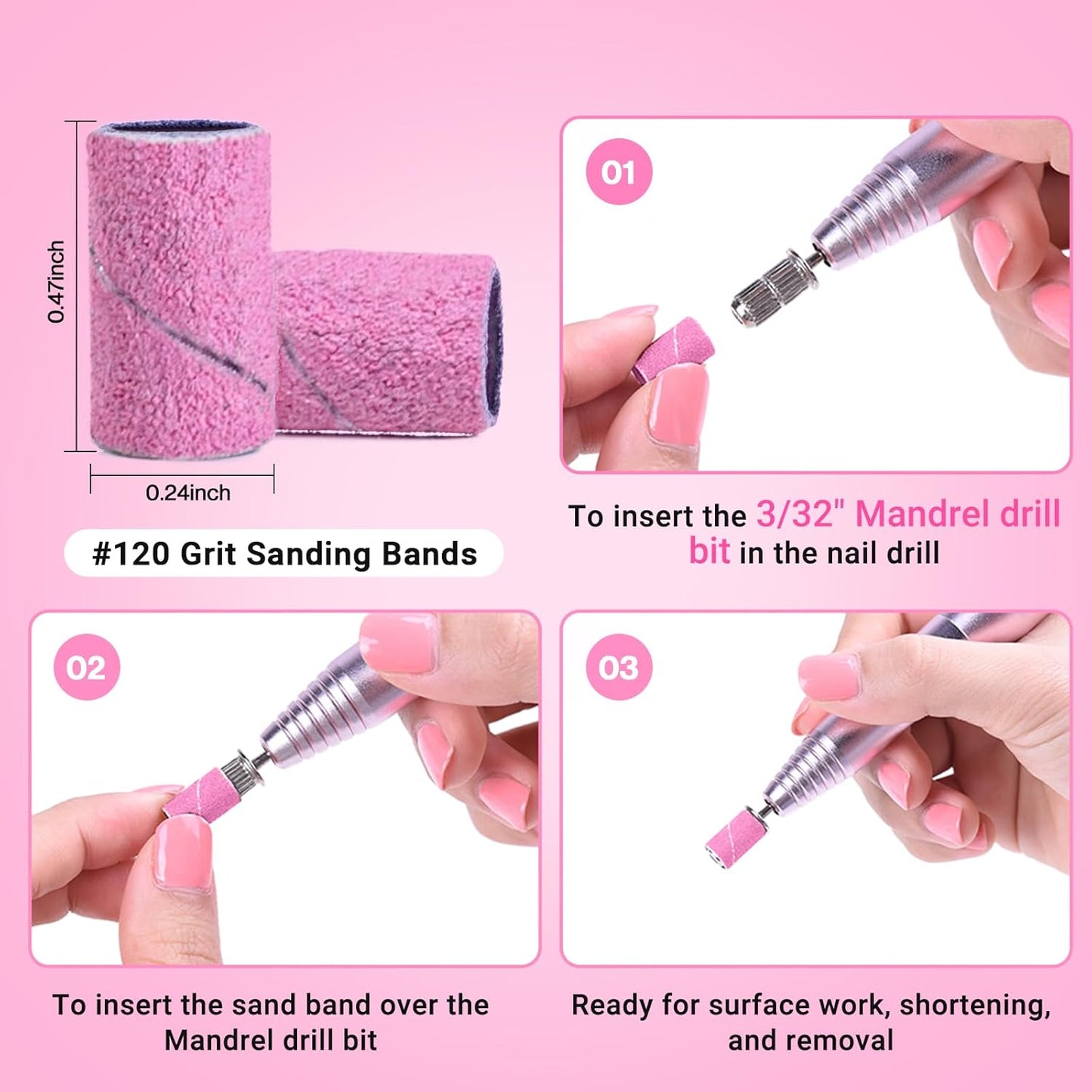 MelodySusie 100 Pcs Nail Drill Bits Sanding Bands for Nail Drill 120 Medium Grit Nail File Sanding Bands for Acrylic Nails Gel Manicures and Pedicure,Light Pink