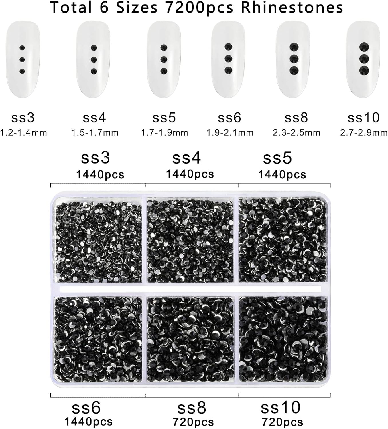 Beadsland 7200pcs Flatback Rhinestones,Black Rhinestone Nail Gems Round Crystal Rhinestones for Crafts,Mixed 6 Sizes with Wax Pencil Kit, SS3-SS10,Jet Black