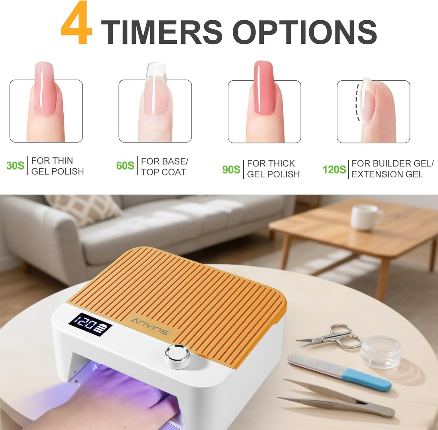 UV Nail Lamp 120W, Professional UV LED Lamp for Gel Nails Long-Lasting 30Pcs Beads Cordless Gel Nail Light, Fast Curing Nail Dryer with Knob for Home Salon DIY Orange