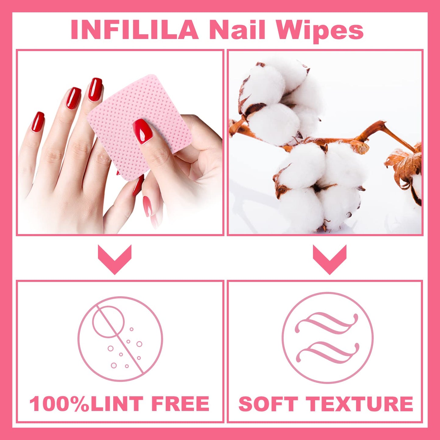 NXJ INFILILA Lint Free Nail Wipes, 1000PCS Non-Woven Fabric Dry Nail Prep Wipes, Absorbent Acetone Nail Polish Remover Lash Extensions Glue Nail Cleaning Pads for Salon Supplies (Pink)