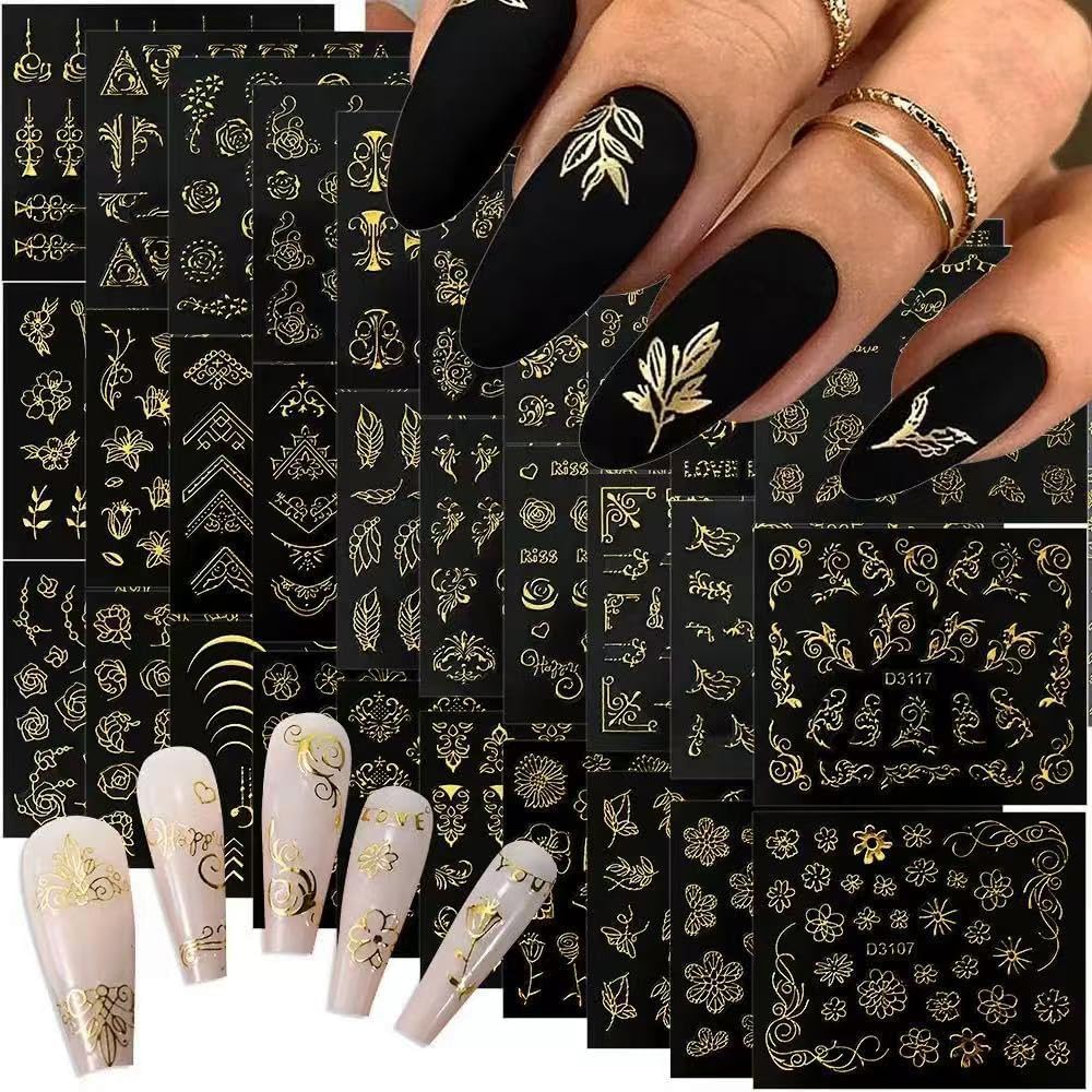90 Sheets Flower Nail Stickers 3D Self-Adhesive Gold White Black Nail Decals Lace Retro Floral Leaf Nail Art Designs for Women and Girls Nail Art Decoration Accessories with Nail Tweezer