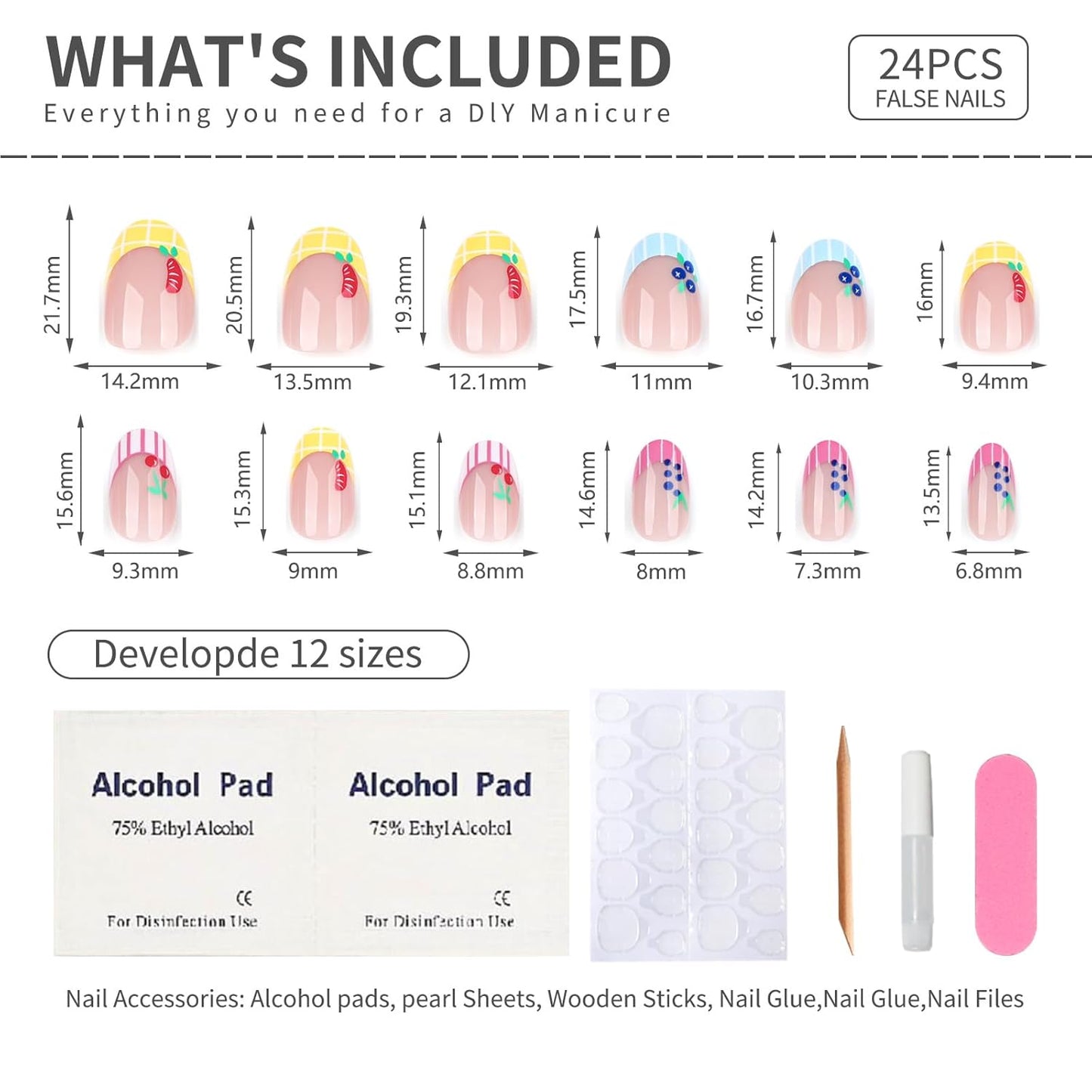 Summer Fruit Press On Nails Oval Shape, Colorful Striped Fake Nails with Cute Cherry Grape Orange Blueberry Designs, Glossy Gel Finish Acrylic Reusable Glue On Nails for Women, 24 Pcs