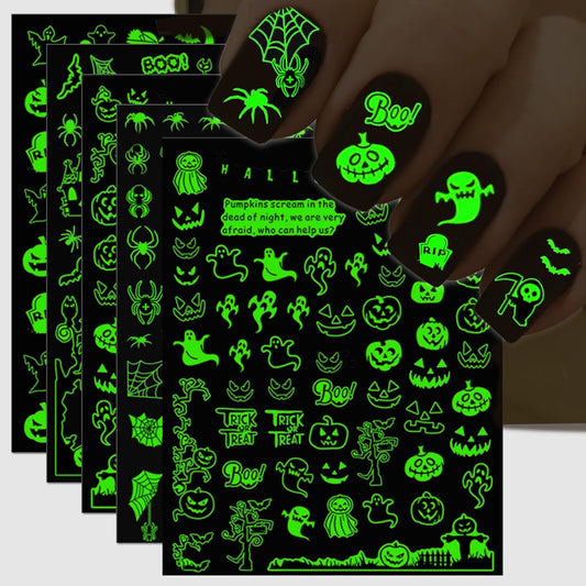 Halloween Glow in The Dark Nail Stickers, 3D Luminous Ghost Nail Art Decals, Self-Adhesive Pumpkin Spider-Web Bat Design for DIY Supplies Decoration (10 Sheets)