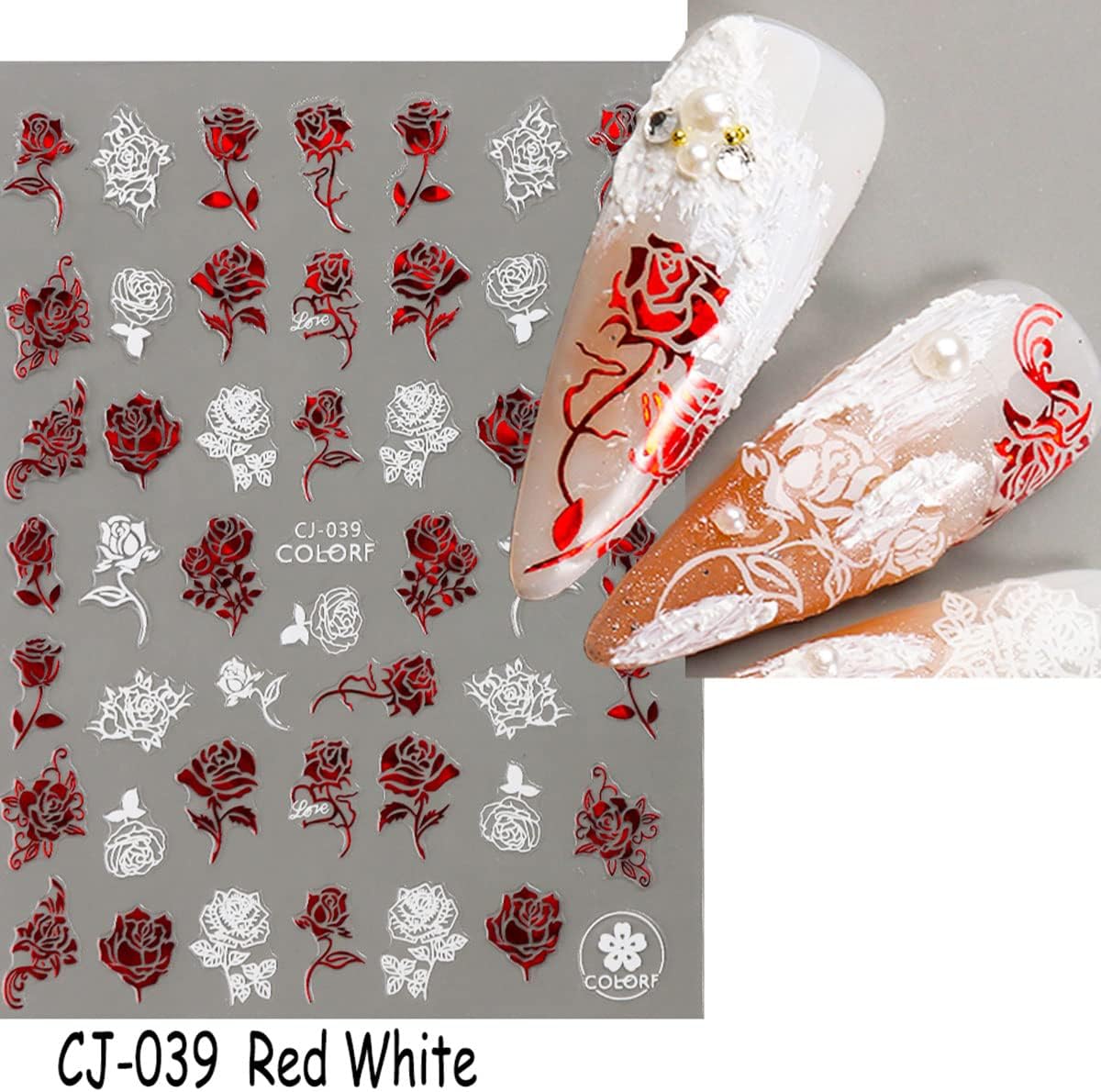 Valentines Day Nail Art Stickers Decal Red Heart Nail Sticker Valentines Nail Decorations 3D Self-Adhesive Red White Rose Love Heart Lip Nail Design for Acylic Nail Manicure Decor 6sheets