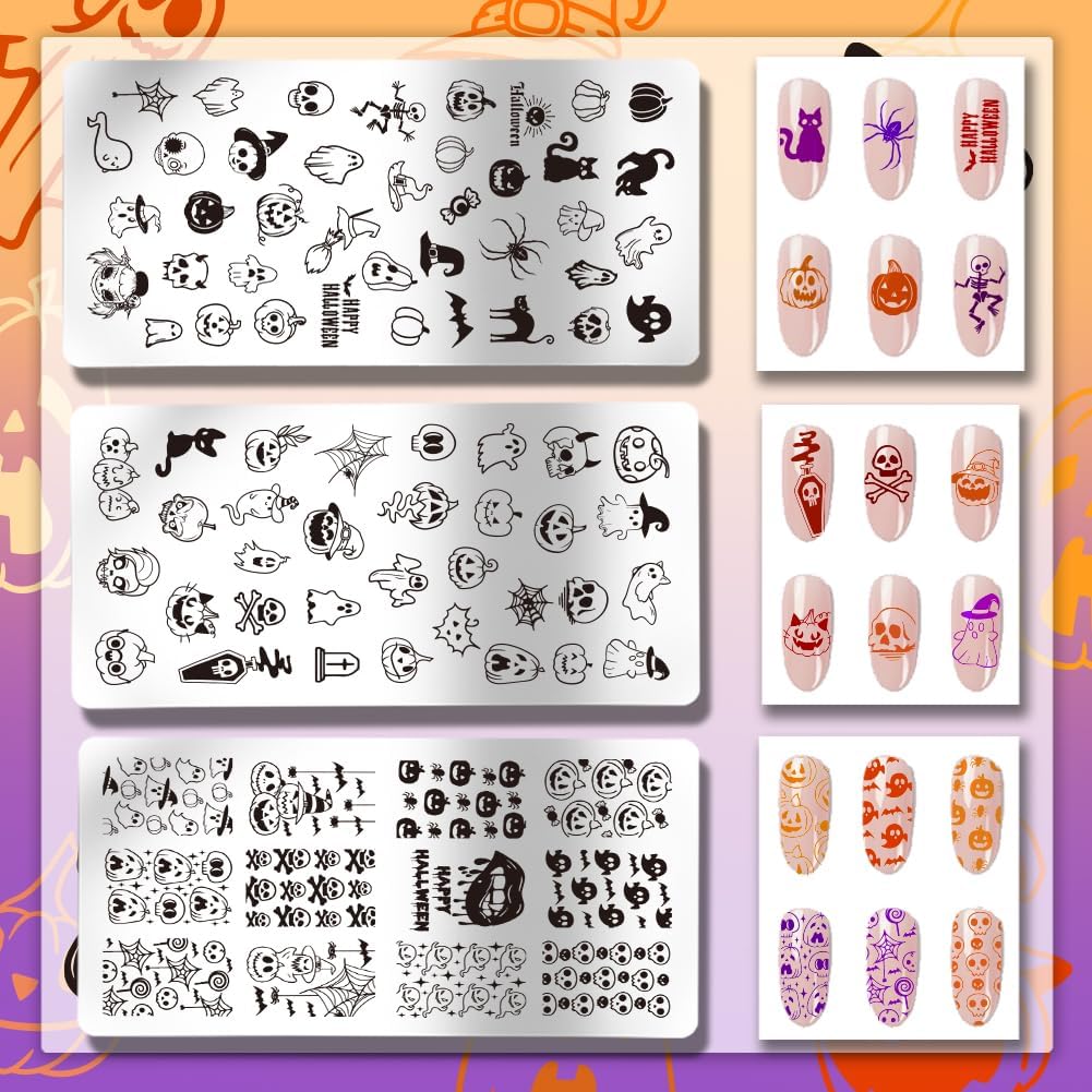 PH PandaHall Halloween Theme Nail Art Plates 3pcs Skull Ghost Witch Pumpkin Nail Stamping Plate Image Plate Art Design Stamp Templates for DIY Print Manicures Salon Design