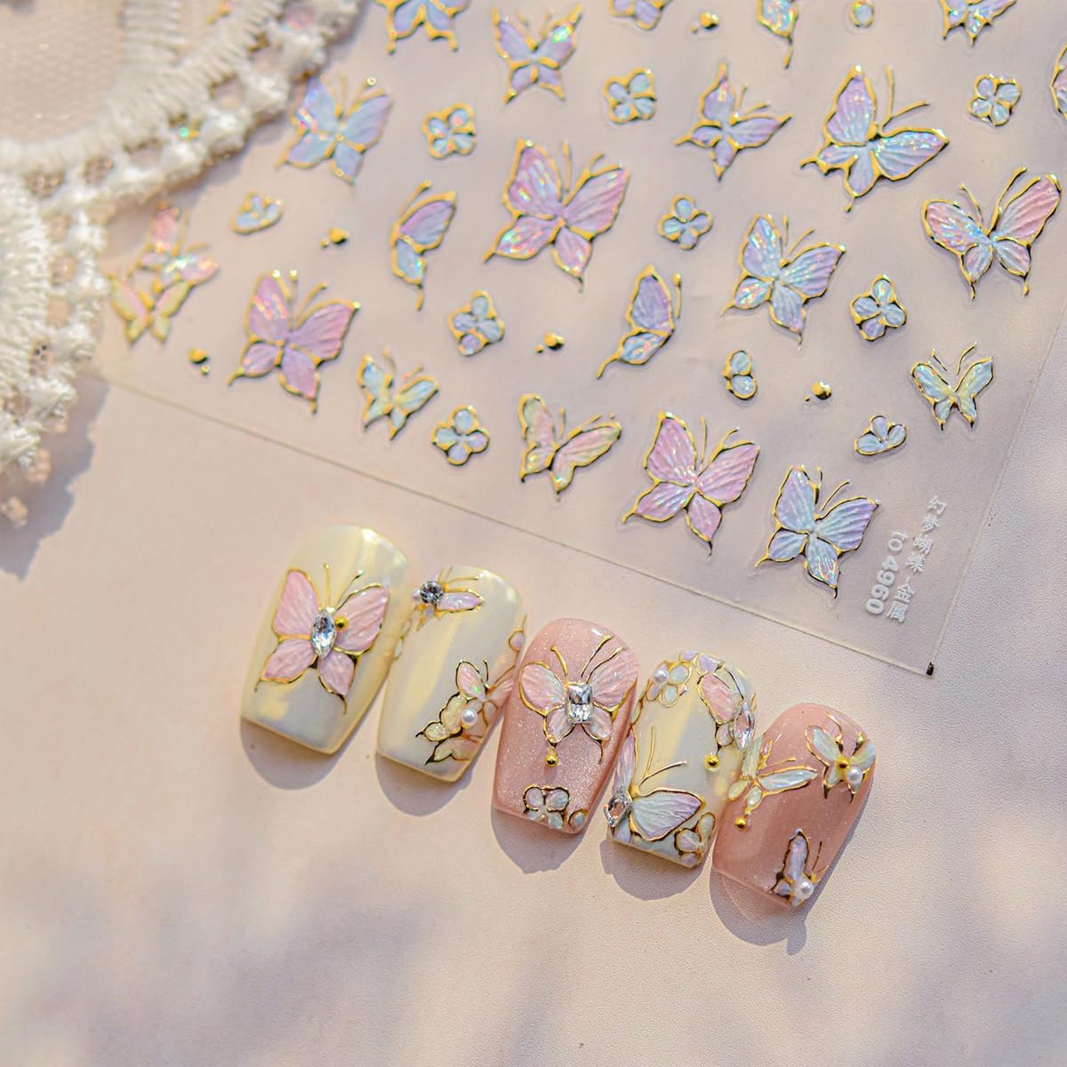 1 Sheet Gradient Butterfly Nail Stickers, Hot Stamping Design Butterfly Nail Decals, 5D Embossed Self-Adhesive Nail Design Stickers for Women DIY Spring Manicure Decoration