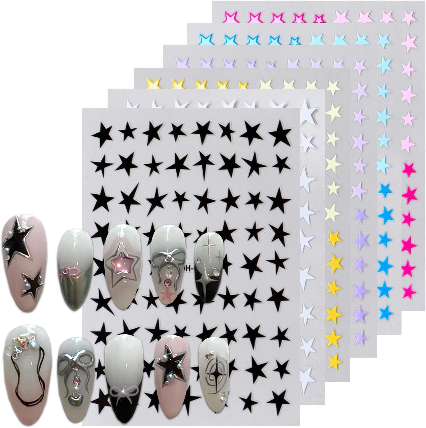6Sheets Star Nail Art Stickers 3D Nail Decals with Shiny Colorful Five Pointed Star DIY Design Stars-Shaped Nail Adhesive Slider Accessory Manicure Decoration for Women Daily Wear