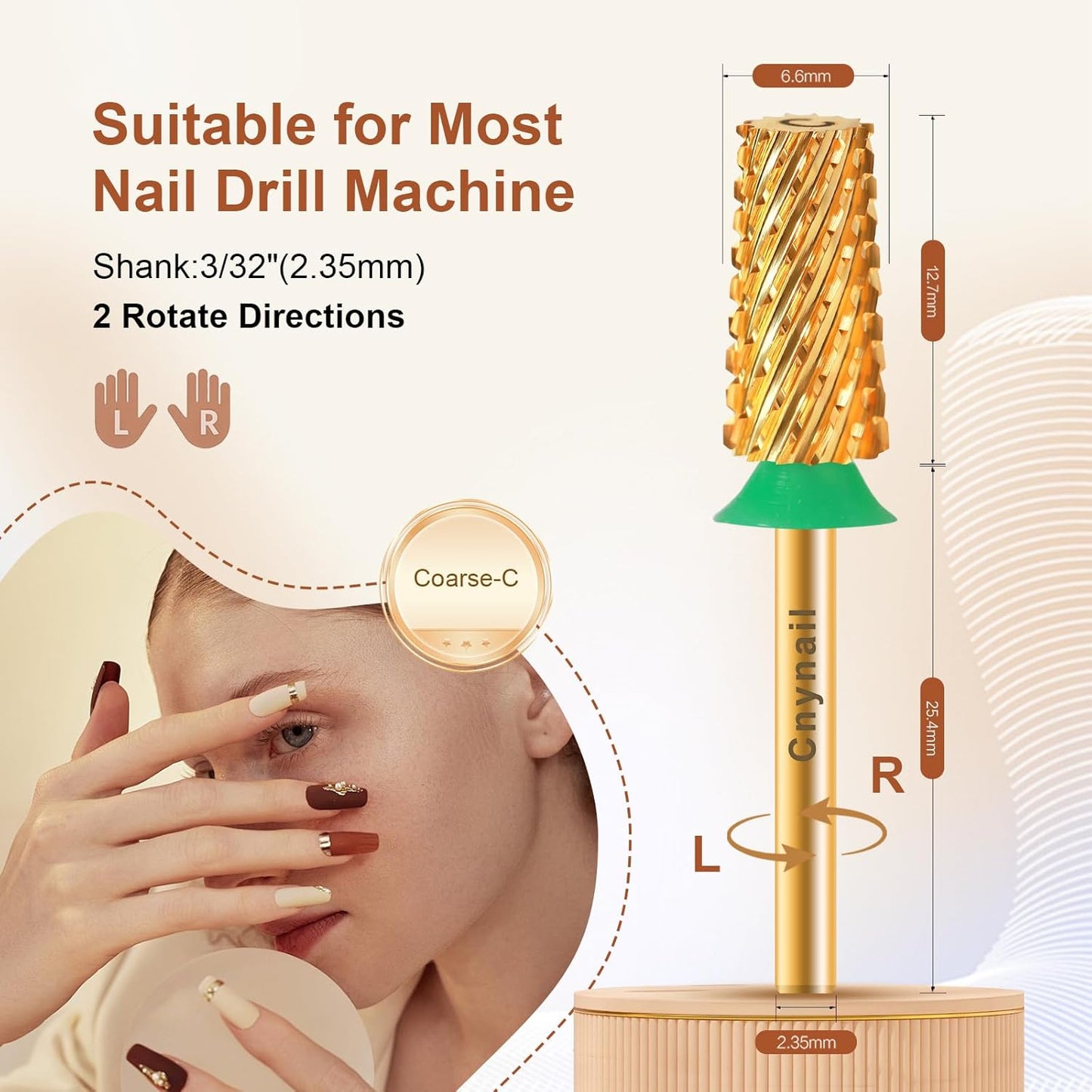3/32" Large Tapered Barrel Flat Bit Tungsten Carbide Nail Drill Bit Safety Bit for Gel & Acrylic Removal, 2- Way Rotating Efile Tip, Salon Electric File Accessory (C Girt, Gold)